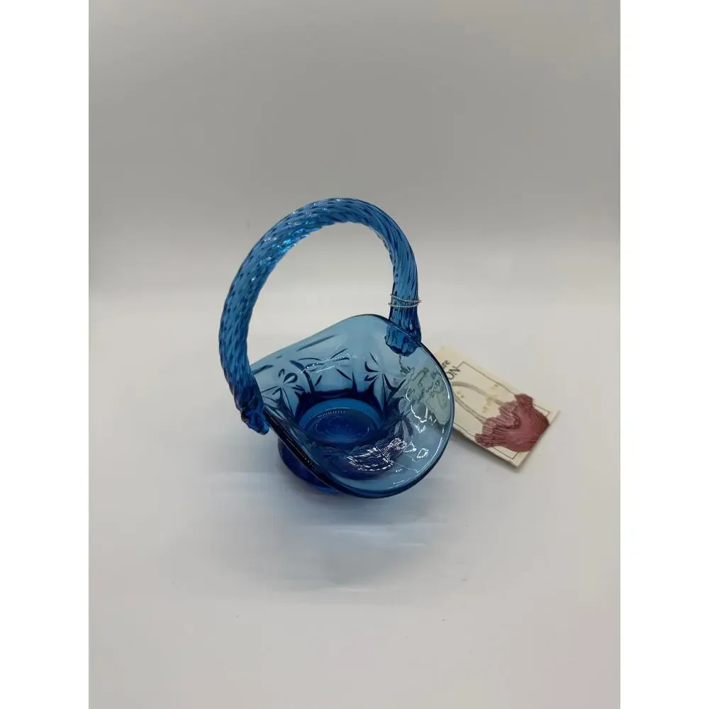 Vintage FENTON Wildrose & Bowknot Twilight Blue Mini Basket